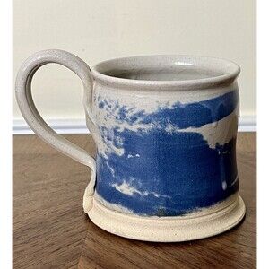 Handmade Studio Art Pottery Coffee Mug Cup Blue Grey Drip Glaze Signed